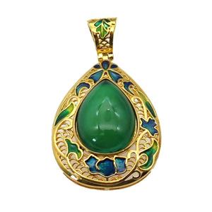 copper Teardrop pendant with green agate, enamel, gold plated, approx 15-20mm, 27-35mm, 6mm hole