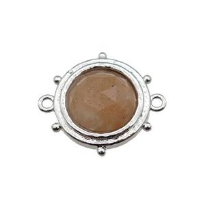 peach Sunstone circle connector, platinum plated, approx 15mm