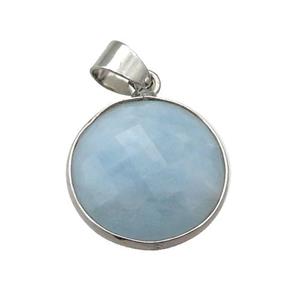 blue Aquamarine circle pendant, platinum plated, approx 16mm dia