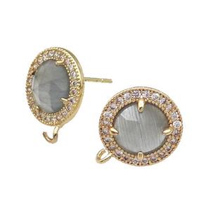 Grey Cat Eye Stone Stud Earring With Loop Circle Gold Plated, approx 12.5mm dia