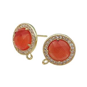 Orange Cat Eye Stone Stud Earring With Loop Circle Gold Plated, approx 12.5mm dia