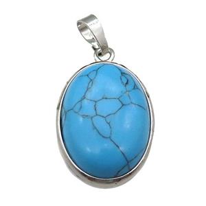 Blue Synthetic Turquoise Oval Pendant Platinum Plated, approx 18x25mm