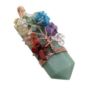 Green Aventurine Bullet Pendant Chakra Tree Rose Gold Wire Wrapped, approx 23-56mm