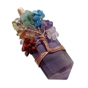 Purple Amethyst Bullet Pendant Chakra Tree Rose Gold Wire Wrapped, approx 23-56mm