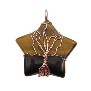 Tiger Eye Stone Star Pendant Tree Wire Wrapped, approx 30mm