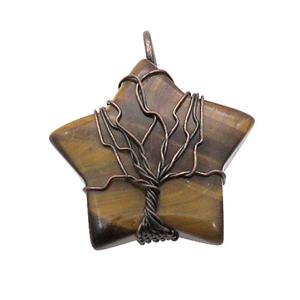 Tiger Eye Stone Star Pendant Tree Wire Wrapped, approx 30mm