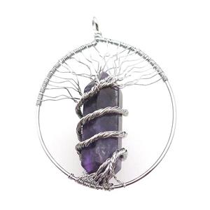 Purple Amethyst Tree Of Life Pendant Alloy Wire Wrapped, approx 50-70mm