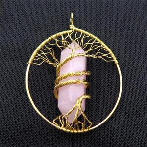 Pink Rose Quartz Tree Of Life Pendant Alloy Wire Wrapped Gold Plated, approx 50-70mm