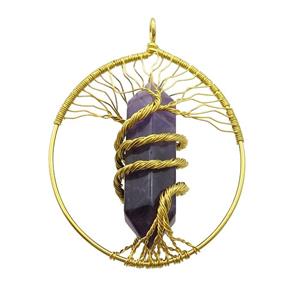 Purple Amethyst Tree Of Life Pendant Alloy Wire Wrapped Gold Plated, approx 50-70mm