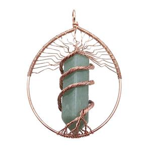 Green Aventurine Tree Of Life Pendant Alloy Wire Wrapped Rose Gold, approx 50-70mm