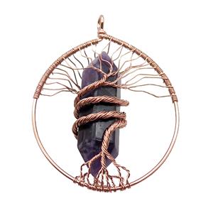 Purple Amethyst Tree Of Life Pendant Alloy Wire Wrapped Rose Gold, approx 50-70mm
