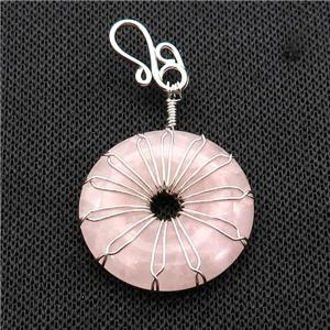 Pink Rose Quartz Donut Pendant Wire Wrapped, approx 30mm