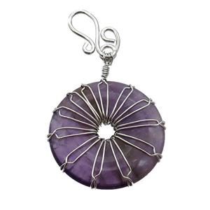 Purple Amethyst Donut Pendant Wire Wrapped, approx 30mm