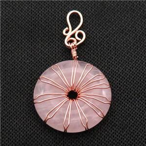 Pink Rose Quartz Donut Pendant Wire Wrapped Rose Gold, approx 30mm