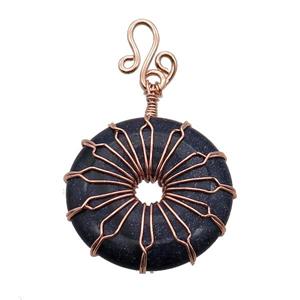 Blue Sandstone Donut Pendant Wire Wrapped Rose Gold, approx 30mm
