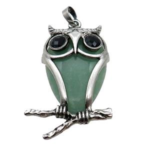 Green Aventurine Owl Pendant Alloy Antique Silver, approx 25-50mm