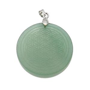 Green Aventurine Circle Pendant Flower Of Life Craved, approx 30mm