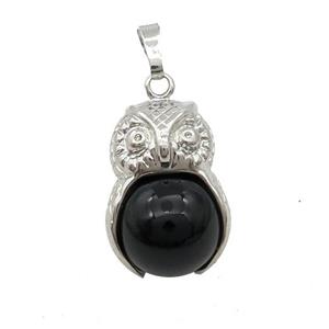 Black Onyx Agate Owl Alloy Pendant, approx 16mm, 20-25mm