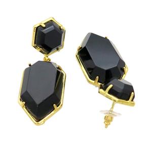 Black Onyx Agate Copper Stud Earring Gold Plated, approx 14mm, 18-28mm