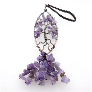 Purple Amethyst Chip Pendant Tree Of Life Antique Red, approx 35-90mm, 19cm length