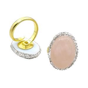Rose Quartz Copper Ring Pave Rhinestone Adjustable Gold Plated, approx 20-28mm, 18mm dia