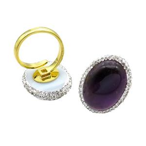 Amethyst Copper Ring Pave Rhinestone Adjustable Gold Plated, approx 20-28mm, 18mm dia