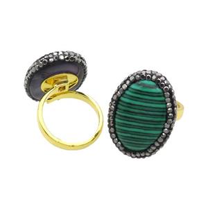 Synthetic Malachite Copper Ring Pave Rhinestone Adjustable Gold Plated, approx 20-28mm, 18mm dia