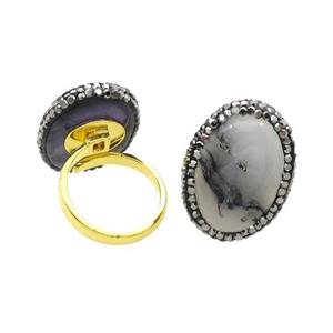 Black Rutilated Quartz Copper Ring Pave Rhinestone Adjustable Gold Plated, approx 20-28mm, 18mm dia