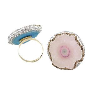 Lt.pink Quartz Druzy Copper Ring Pave Rhinestone Adjustable Gold Plated, approx 25-27mm, 18mm dia