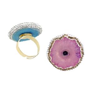 Pink Quartz Druzy Copper Ring Pave Rhinestone Adjustable Gold Plated, approx 25-27mm, 18mm dia