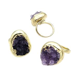 Amethyst Druzy Copper Ring Adjustable Gold Plated, approx 22-27mm, 18mm dia