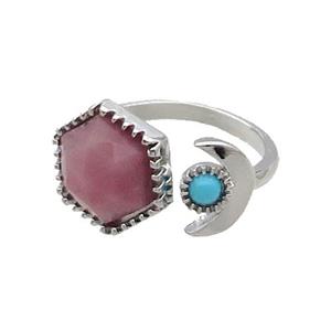 Pink Rhodonite Copper Ring Hexagon Platinum Plated, approx 9mm, 13mm, 18mm dia
