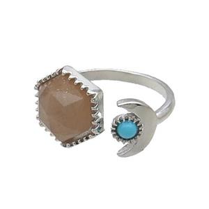 Peach Moonstone Copper Ring Hexagon Platinum Plated, approx 9mm, 13mm, 18mm dia