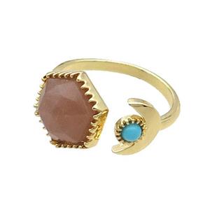 Pink Sunstone Copper Ring Hexagon Gold Plated, approx 9mm, 13mm, 18mm dia
