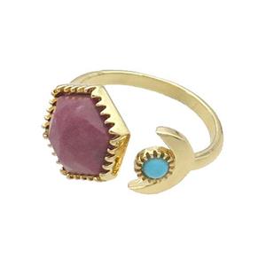 Pink Rhodonite Copper Ring Hexagon Gold Plated, approx 9mm, 13mm, 18mm dia