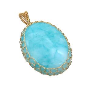 Blue Dye Amazonite Oval Pendant Wire Wrapped, approx 30-40mm