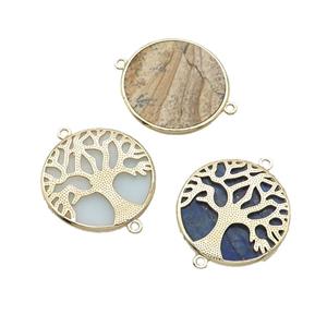 Mixed Gemstone Copper Connector Tree Of Life Circle Gold Plated, approx 27mm dia