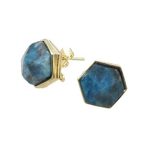 Blue Apatite Hexagon Stud Earring Copper Gold Plated, approx 10mm