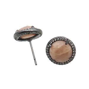Peach Sunstone Stud Earring Copper Pave Zircon Circle Black Plated, approx 13mm