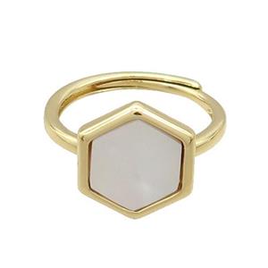 Copper Ring Pave White Pearlized Shell Hexagon Adjustable Gold Plated, approx 12-14mm, 18mm dia