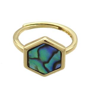 Copper Ring Pave Abalone Shell Hexagon Adjustable Gold Plated, approx 12-14mm, 18mm dia