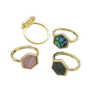 Mixed Shell Copper Ring Hexagon Adjustable Gold Plated, approx 12-14mm, 18mm dia