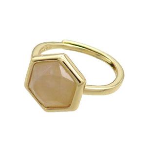 Rose Quartz Copper Ring Hexagon Adjustable Gold Plated, approx 12-14mm, 18mm dia