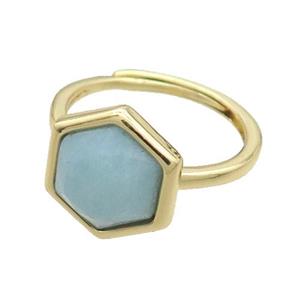 Blue Amazonite Copper Ring Hexagon Adjustable Gold Plated, approx 12-14mm, 18mm dia
