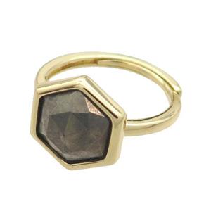 Pyrite Copper Ring Hexagon Adjustable Gold Plated, approx 12-14mm, 18mm dia