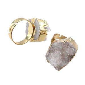White Druzy Quartz Copper Ring Adjustable Gold Plated, approx 20-30mm, 18mm dia
