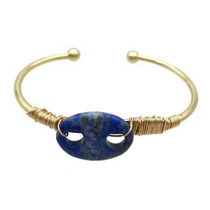 Copper Bangle With Blue Lapis Lazuli Wire Wrapped Gold Plated, approx 18-25mm, 50-65mm