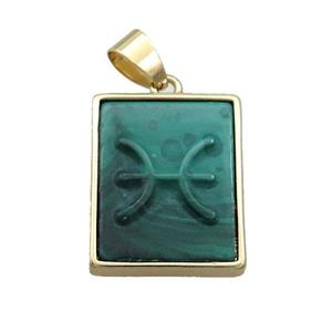 Natural Malachite Pendant Zodiac Pisces Green Rectangle Gold Plated, approx 16-20mm