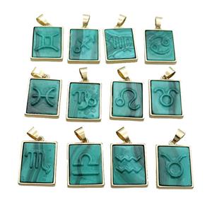 Natural Malachite Pendant Zodiac Mixed Green Rectangle Gold Plated, approx 16-20mm