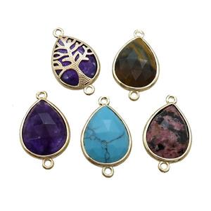 Mixed Gemstone Teardrop Connector Tree Of Life Gold Plted, approx 15-20mm